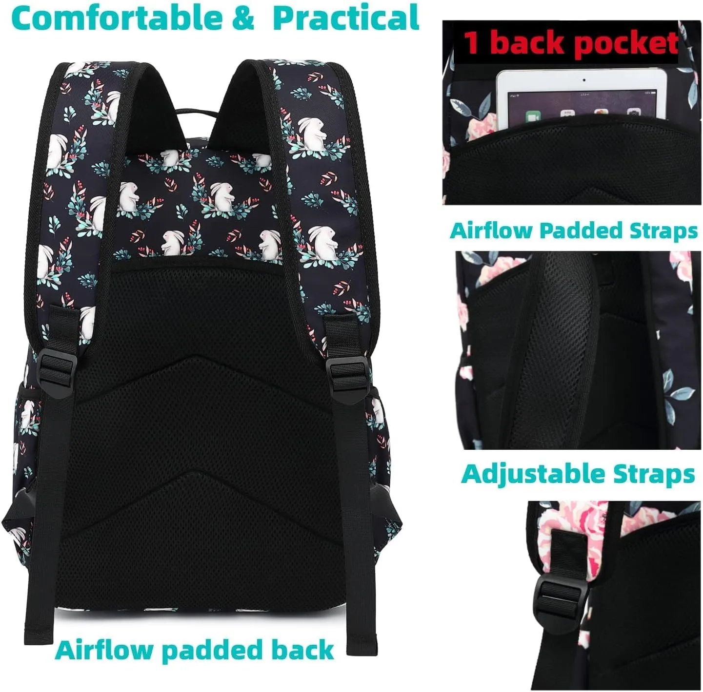 Leaper Fashion Floral Printing Laptop Backpack for Women Water-resistant College Backpack for Girls Kids Bookbags Travel Bag Casual Bag Satchel Dark Blue