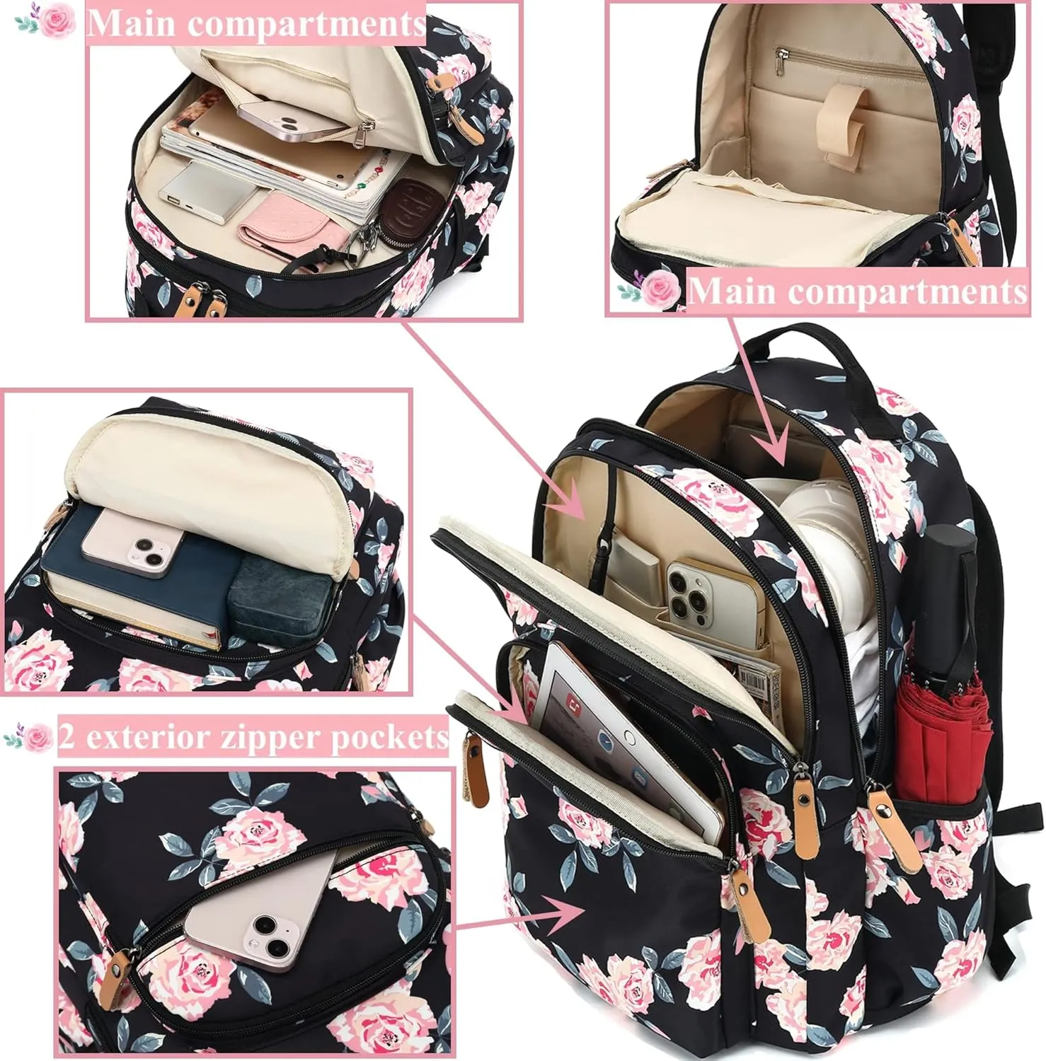 Leaper Fashion Floral Printing Laptop Backpack for Women Water-resistant College Backpack for Girls Kids Bookbags Travel Bag Casual Bag Satchel Dark Blue
