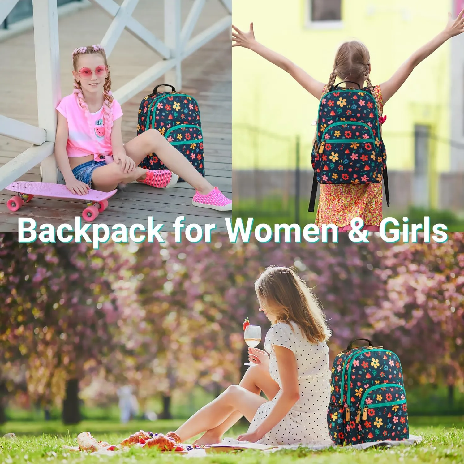 Leaper Fashion Floral Printing Laptop Backpack for Women Water-resistant College Backpack for Girls Kids Bookbags Travel Bag Casual Bag Satchel Dark Blue