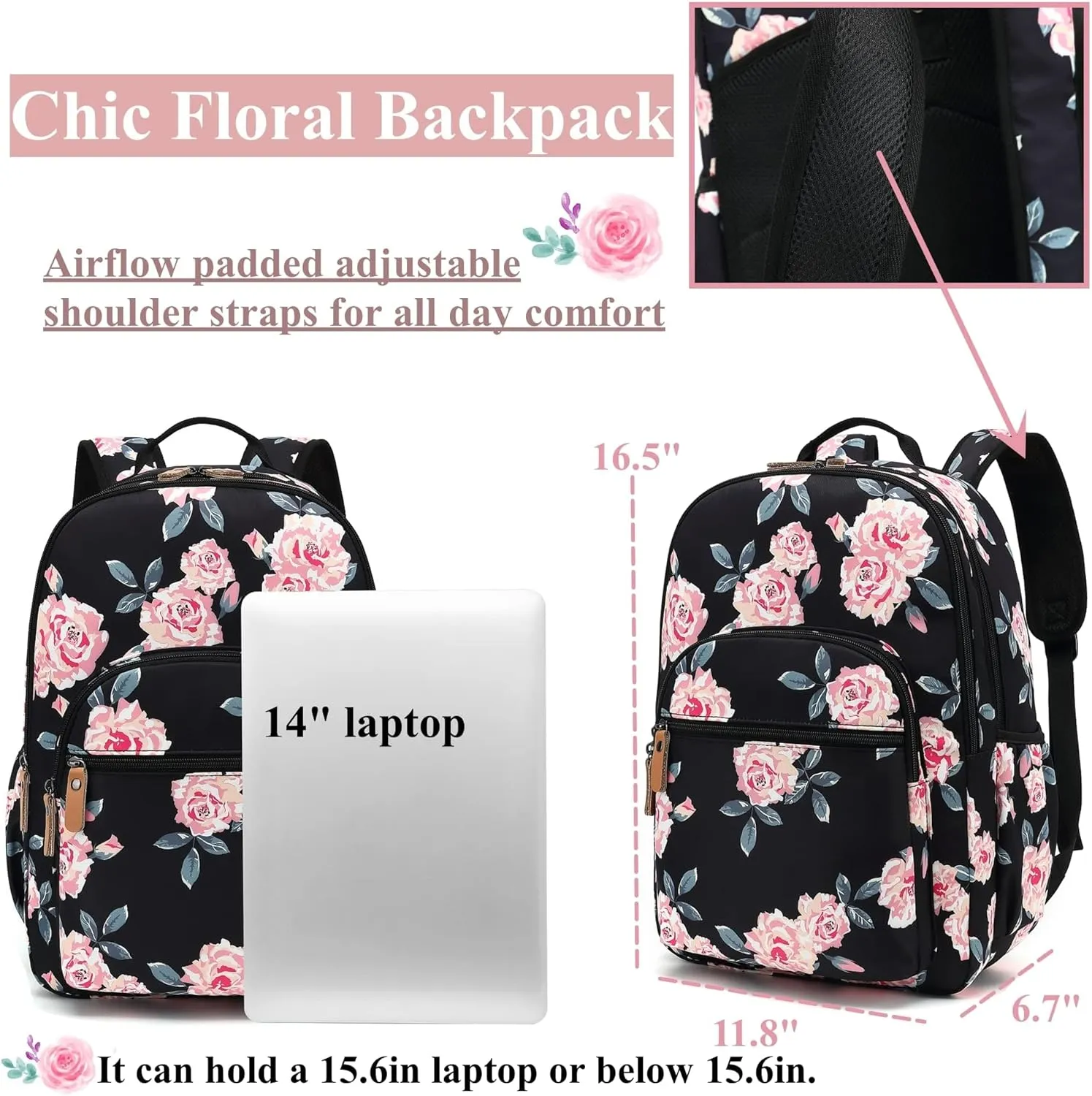 Leaper Fashion Floral Printing Laptop Backpack for Women Water-resistant College Backpack for Girls Kids Bookbags Travel Bag Casual Bag Satchel Dark Blue