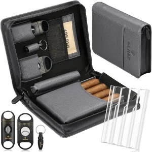 Leather Cigar Case Travel Humidor Box Set Includes 2 Cigar Cutter Guillotines, Punch Cutter, Humidor Humidifier Packs, Acrylic Holder Tray, Multifuntional Cigar Carrying Case (Gray)