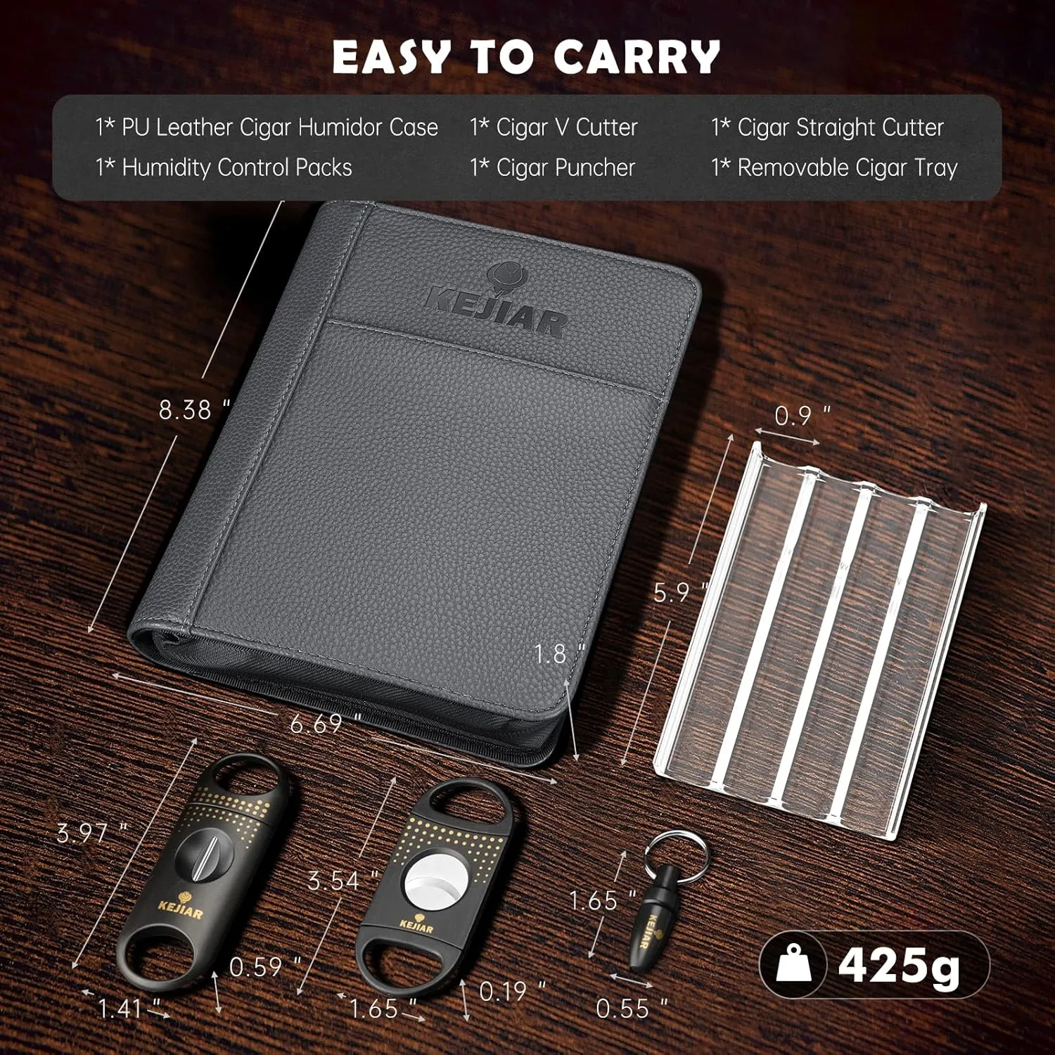 Leather Cigar Case Travel Humidor Box Set Includes 2 Cigar Cutter Guillotines, Punch Cutter, Humidor Humidifier Packs, Acrylic Holder Tray, Multifuntional Cigar Carrying Case (Gray)