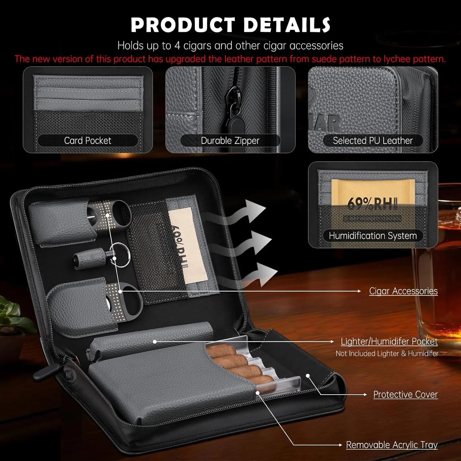 Leather Cigar Case Travel Humidor Box Set Includes 2 Cigar Cutter Guillotines, Punch Cutter, Humidor Humidifier Packs, Acrylic Holder Tray, Multifuntional Cigar Carrying Case (Gray)