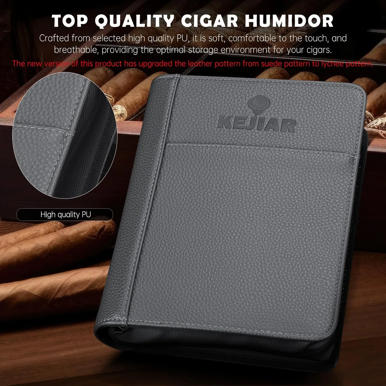 Leather Cigar Case Travel Humidor Box Set Includes 2 Cigar Cutter Guillotines, Punch Cutter, Humidor Humidifier Packs, Acrylic Holder Tray, Multifuntional Cigar Carrying Case (Gray)