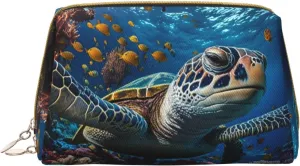 Leather Makeup Bag, Ocean Coral Turtle Cosmetic Bags Travel Toiletry Bag for Women, Make up Bag, Large Capacity Makeup Bag Organizer, Cute Makeup Pouch Makeup Case
