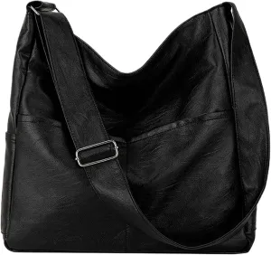 Leather Tote Bag for Women, Black Handbag Large Capacity Work Bags Zipered Closure Soft Tote Bag Purse Casual Handbag Crossbody Bag with Adjustable Shoulder Strap Black, Leather Handbag