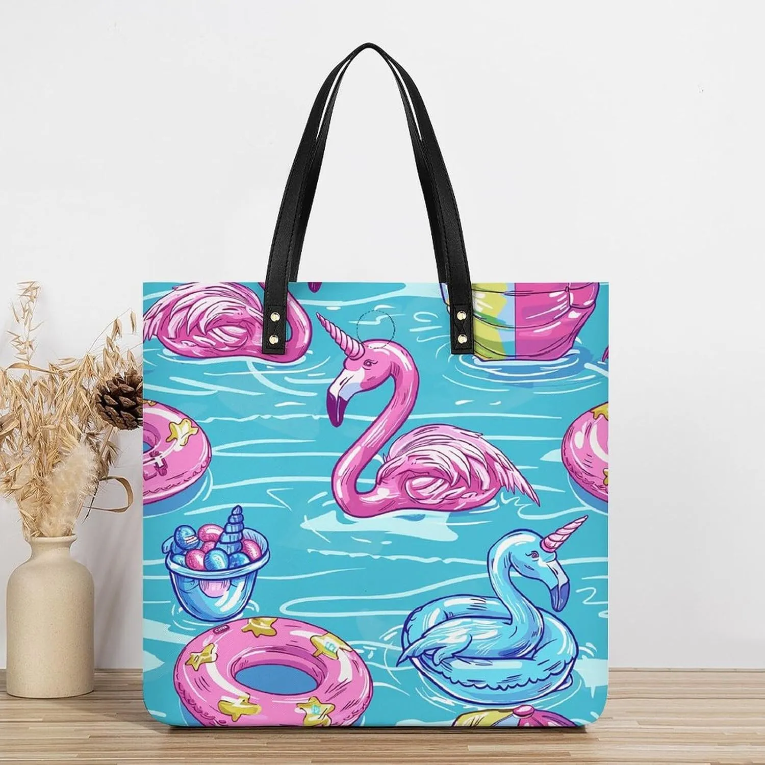 Leather Tote Bags for Women Lake And TreesHandbag Makeup Bag Casual Bag with Magnetic Buckle