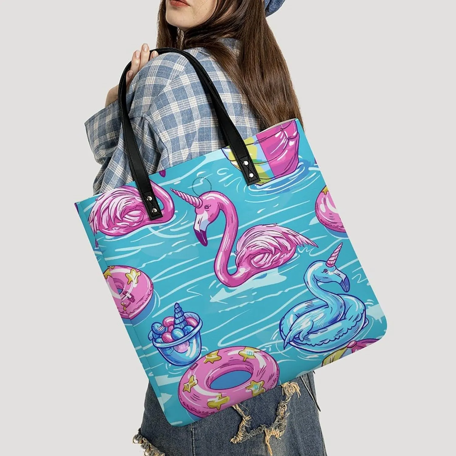 Leather Tote Bags for Women Lake And TreesHandbag Makeup Bag Casual Bag with Magnetic Buckle