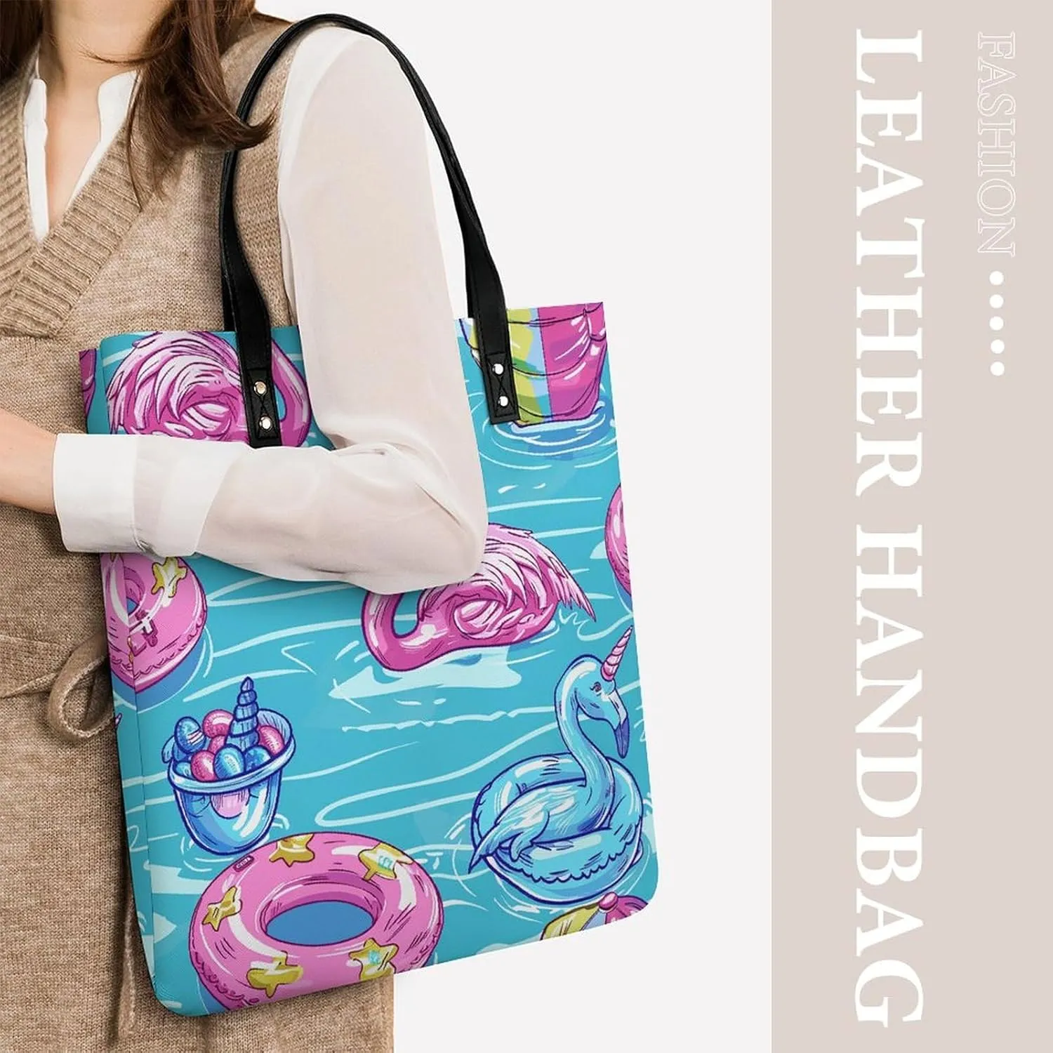 Leather Tote Bags for Women Lake And TreesHandbag Makeup Bag Casual Bag with Magnetic Buckle