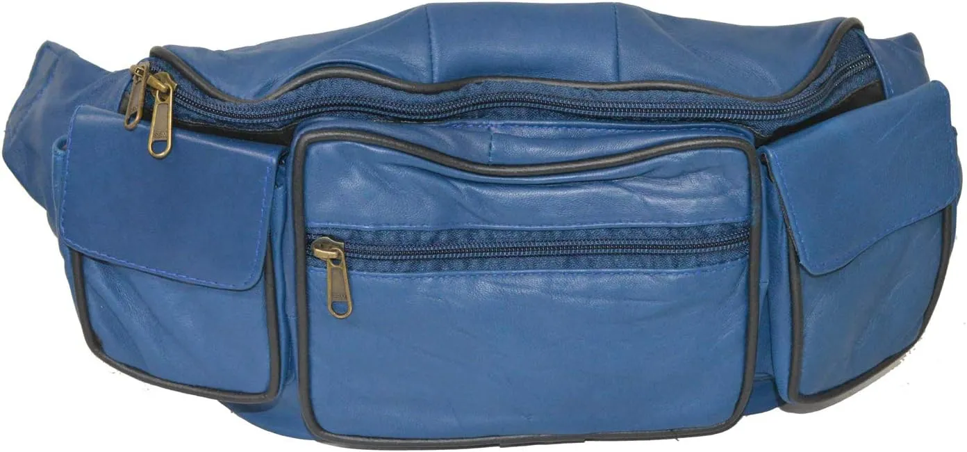 Leatherboss Genuine Leather Designer Travel Fanny Pack Holder Bag with Side Valcro Pockets & Waist Belt, Blue