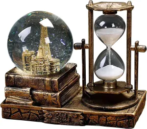 LED Music Snow Globe with Hourglass Vintage Castle Paris Eiffel Tower Home Decoration for Living Room Bedroom Book Shelf TV Cabinet Desk Table Top Decor Centerpieces Ornaments (B - Brass)