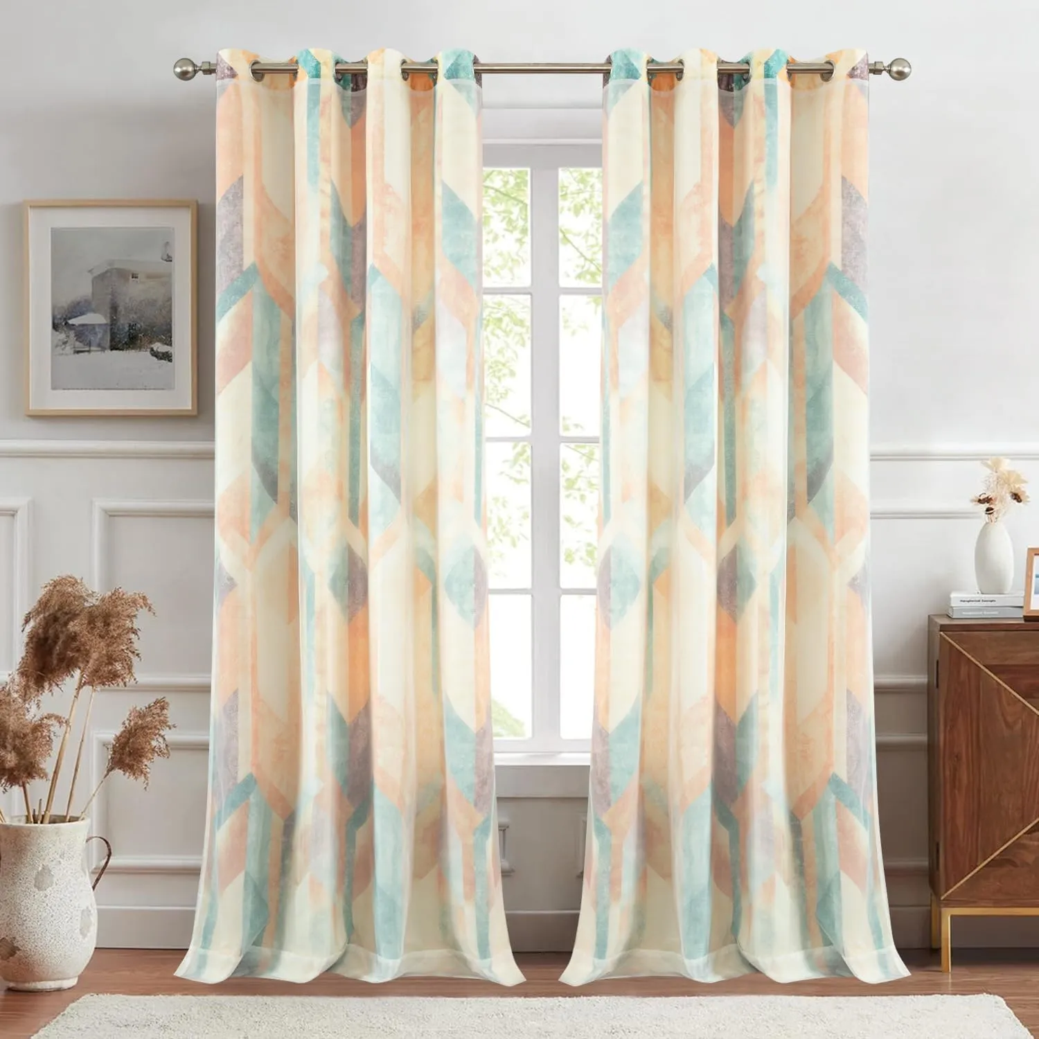 Leeva Short Double Layered Curtains, Linen Textured Geometric Print Privacy Window Treatment Curtain Panels for Bedroom, Set of 2 Grommet Top Drapes for Nursery, 52 x 63 Inches, Orange