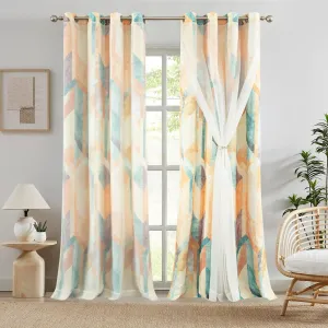 Leeva Short Double Layered Curtains, Linen Textured Geometric Print Privacy Window Treatment Curtain Panels for Bedroom, Set of 2 Grommet Top Drapes for Nursery, 52 x 63 Inches, Orange