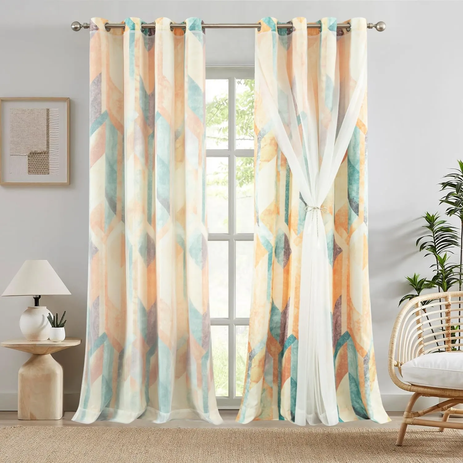 Leeva Short Double Layered Curtains, Linen Textured Geometric Print Privacy Window Treatment Curtain Panels for Bedroom, Set of 2 Grommet Top Drapes for Nursery, 52 x 63 Inches, Orange
