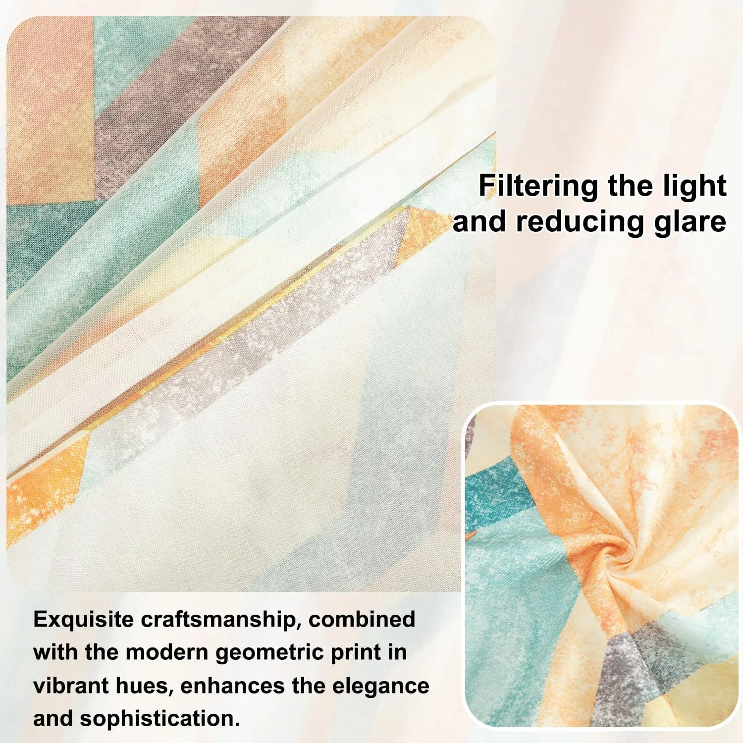Leeva Short Double Layered Curtains, Linen Textured Geometric Print Privacy Window Treatment Curtain Panels for Bedroom, Set of 2 Grommet Top Drapes for Nursery, 52 x 63 Inches, Orange