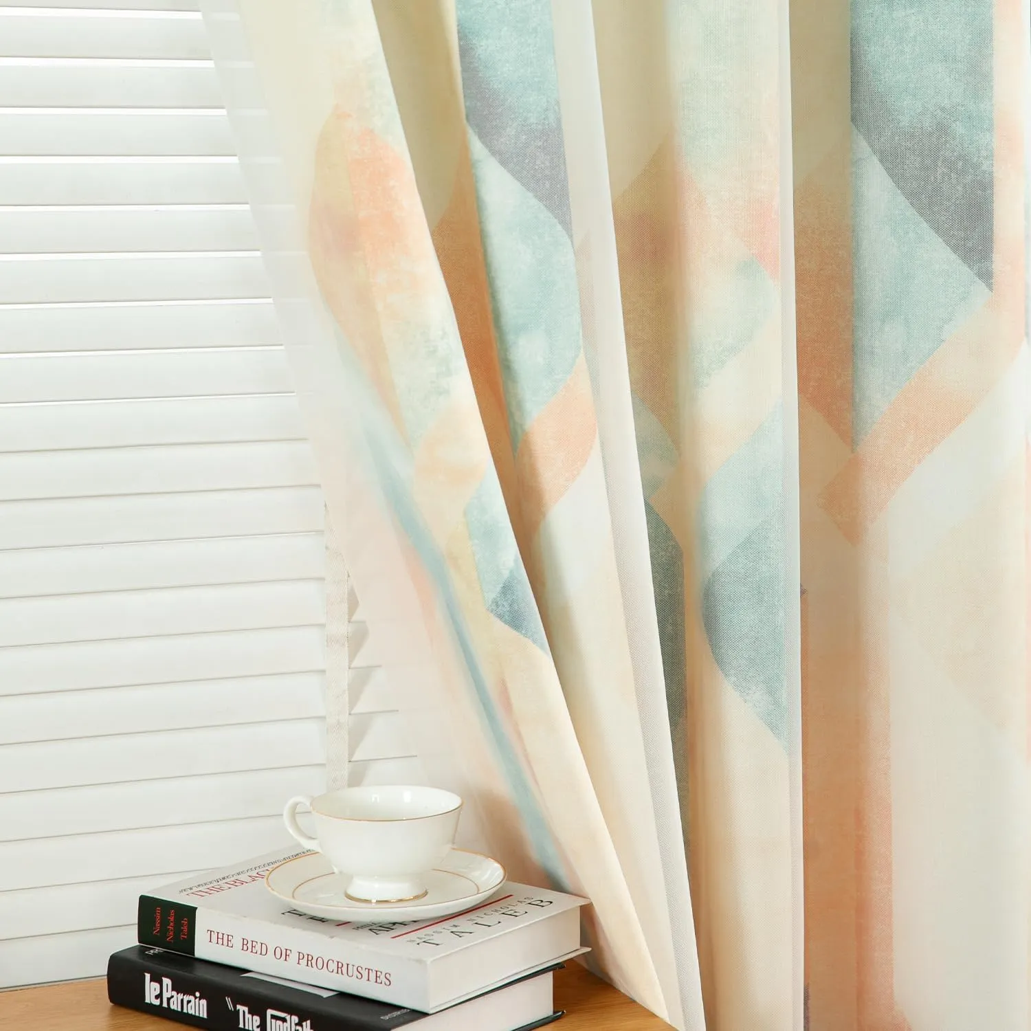 Leeva Short Double Layered Curtains, Linen Textured Geometric Print Privacy Window Treatment Curtain Panels for Bedroom, Set of 2 Grommet Top Drapes for Nursery, 52 x 63 Inches, Orange