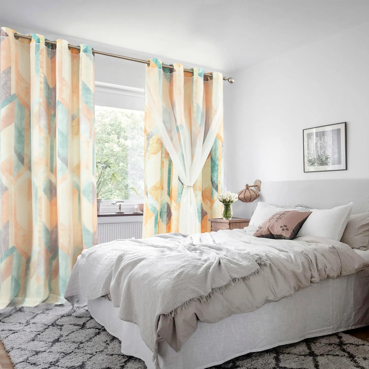 Leeva Short Double Layered Curtains, Linen Textured Geometric Print Privacy Window Treatment Curtain Panels for Bedroom, Set of 2 Grommet Top Drapes for Nursery, 52 x 63 Inches, Orange