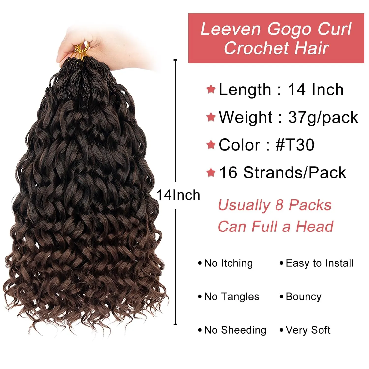 Leeven 14 Inch 8 Packs Gogo Curl Crochet Hair Ombre Brown Pre Looped Ocean Wave Crochet Hair Deep Twist Curly Goddess Box Braids Synthetic Water Wave Braiding Hair for Women