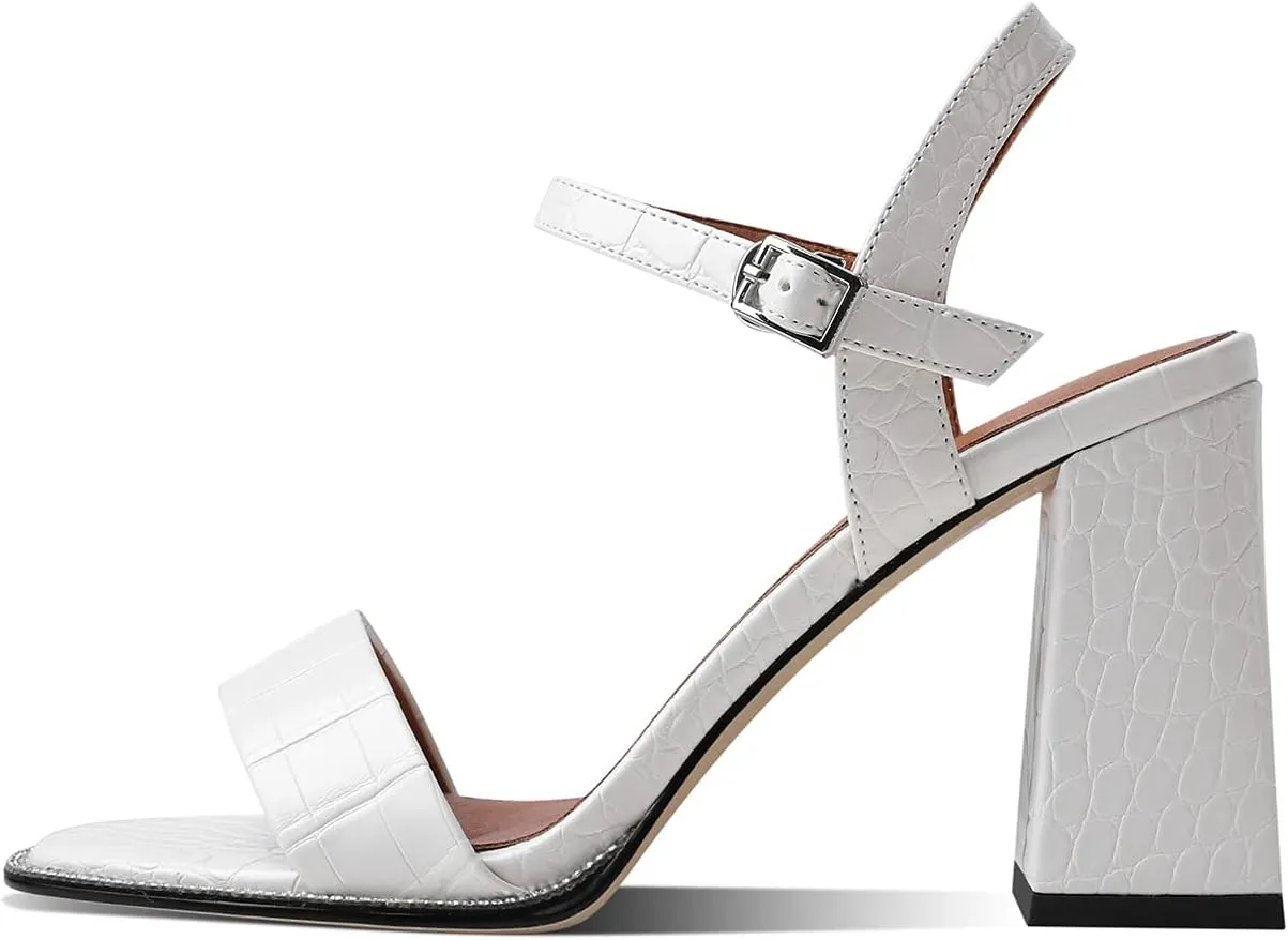 LEHOOR Chunky Heel Rhinestone Sandals Ankle Strap Round Peep Toe 3.5 Inch High Block Heel Crystal Sandals One Single Band Matte Leather Two piece Crocodile Dress Shoes for Summer Wedding Casual Sexy 4-11 M US