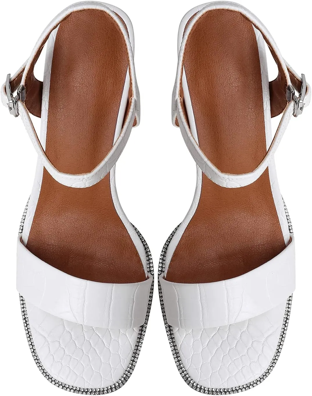 LEHOOR Chunky Heel Rhinestone Sandals Ankle Strap Round Peep Toe 3.5 Inch High Block Heel Crystal Sandals One Single Band Matte Leather Two piece Crocodile Dress Shoes for Summer Wedding Casual Sexy 4-11 M US