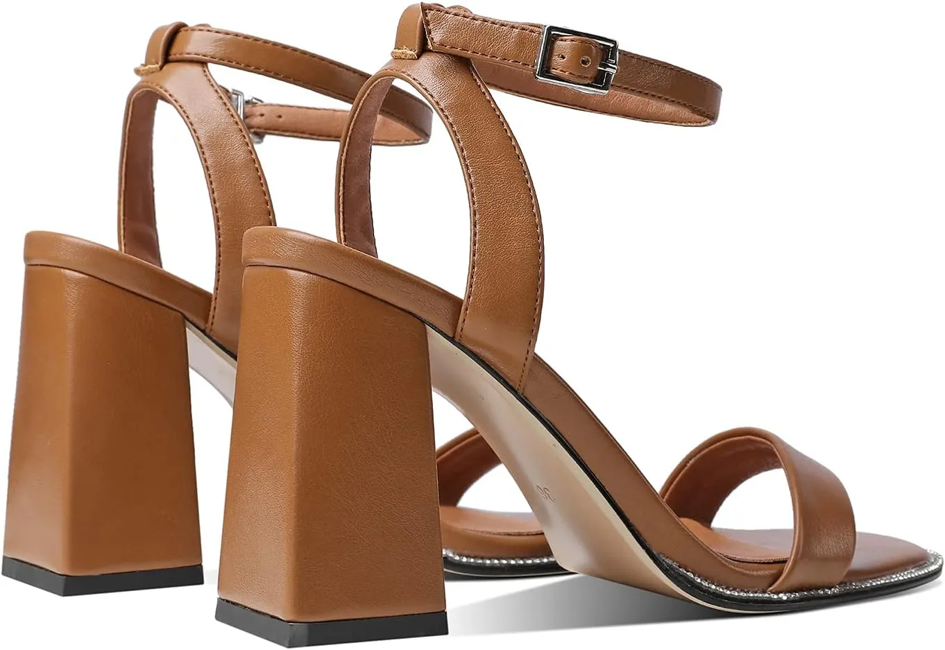 LEHOOR Chunky Heel Rhinestone Sandals Ankle Strap Round Peep Toe 3.5 Inch High Block Heel Crystal Sandals One Single Band Matte Leather Two piece Crocodile Dress Shoes for Summer Wedding Casual Sexy 4-11 M US
