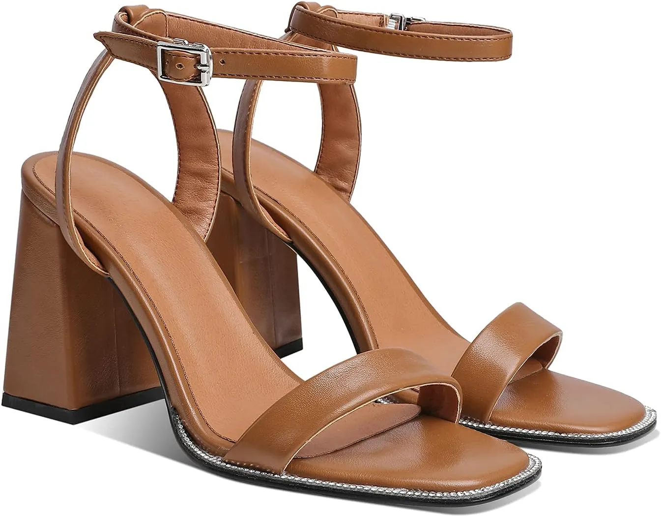 LEHOOR Chunky Heel Rhinestone Sandals Ankle Strap Round Peep Toe 3.5 Inch High Block Heel Crystal Sandals One Single Band Matte Leather Two piece Crocodile Dress Shoes for Summer Wedding Casual Sexy 4-11 M US