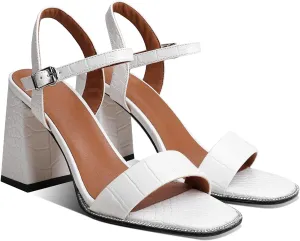 LEHOOR Chunky Heel Rhinestone Sandals Ankle Strap Round Peep Toe 3.5 Inch High Block Heel Crystal Sandals One Single Band Matte Leather Two piece Crocodile Dress Shoes for Summer Wedding Casual Sexy 4-11 M US