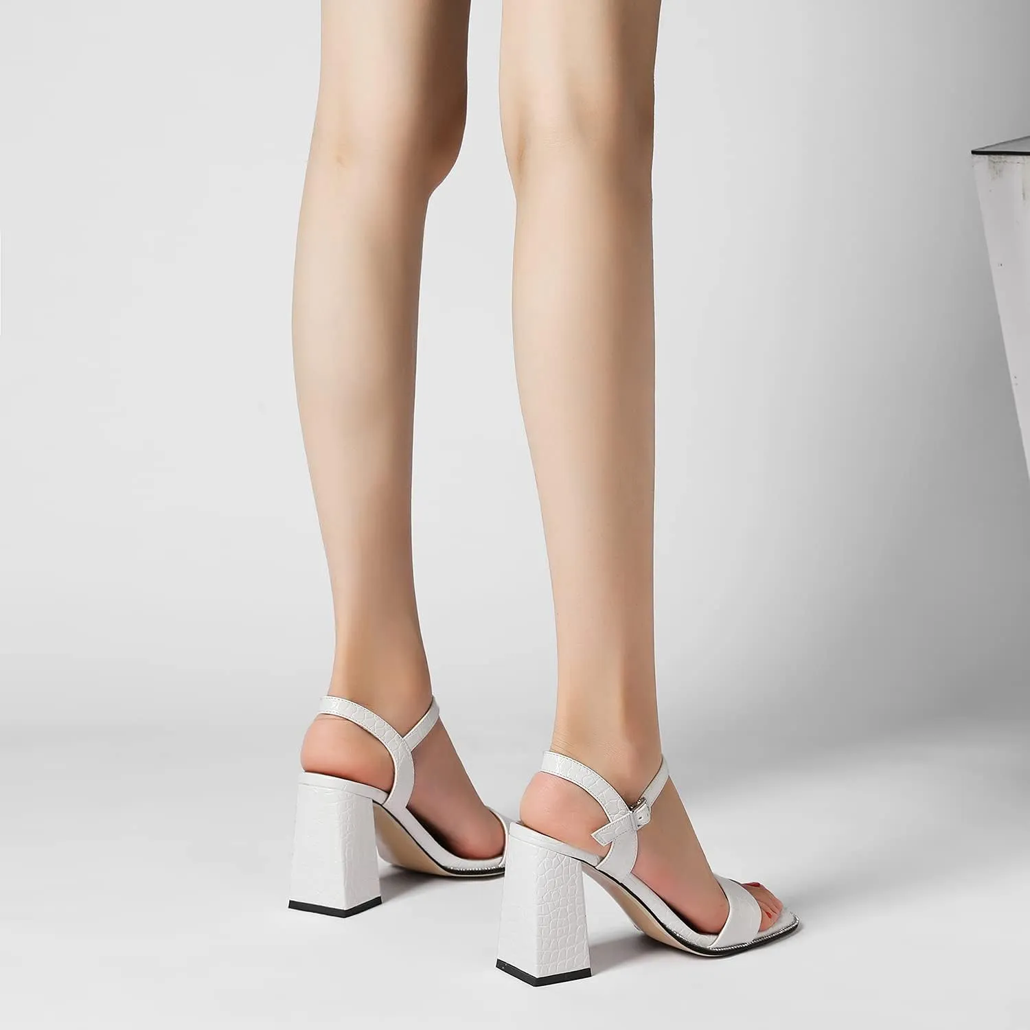 LEHOOR Chunky Heel Rhinestone Sandals Ankle Strap Round Peep Toe 3.5 Inch High Block Heel Crystal Sandals One Single Band Matte Leather Two piece Crocodile Dress Shoes for Summer Wedding Casual Sexy 4-11 M US