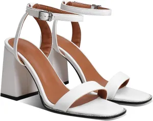 LEHOOR Chunky Heel Rhinestone Sandals Ankle Strap Round Peep Toe 3.5 Inch High Block Heel Crystal Sandals One Single Band Matte Leather Two piece Crocodile Dress Shoes for Summer Wedding Casual Sexy 4-11 M US