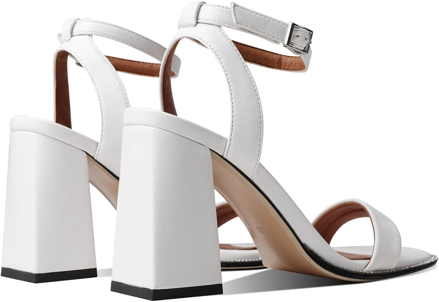 LEHOOR Chunky Heel Rhinestone Sandals Ankle Strap Round Peep Toe 3.5 Inch High Block Heel Crystal Sandals One Single Band Matte Leather Two piece Crocodile Dress Shoes for Summer Wedding Casual Sexy 4-11 M US