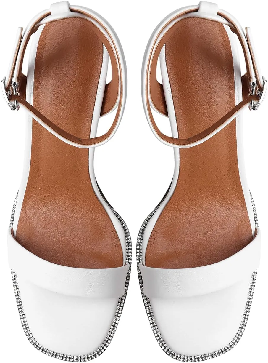 LEHOOR Chunky Heel Rhinestone Sandals Ankle Strap Round Peep Toe 3.5 Inch High Block Heel Crystal Sandals One Single Band Matte Leather Two piece Crocodile Dress Shoes for Summer Wedding Casual Sexy 4-11 M US