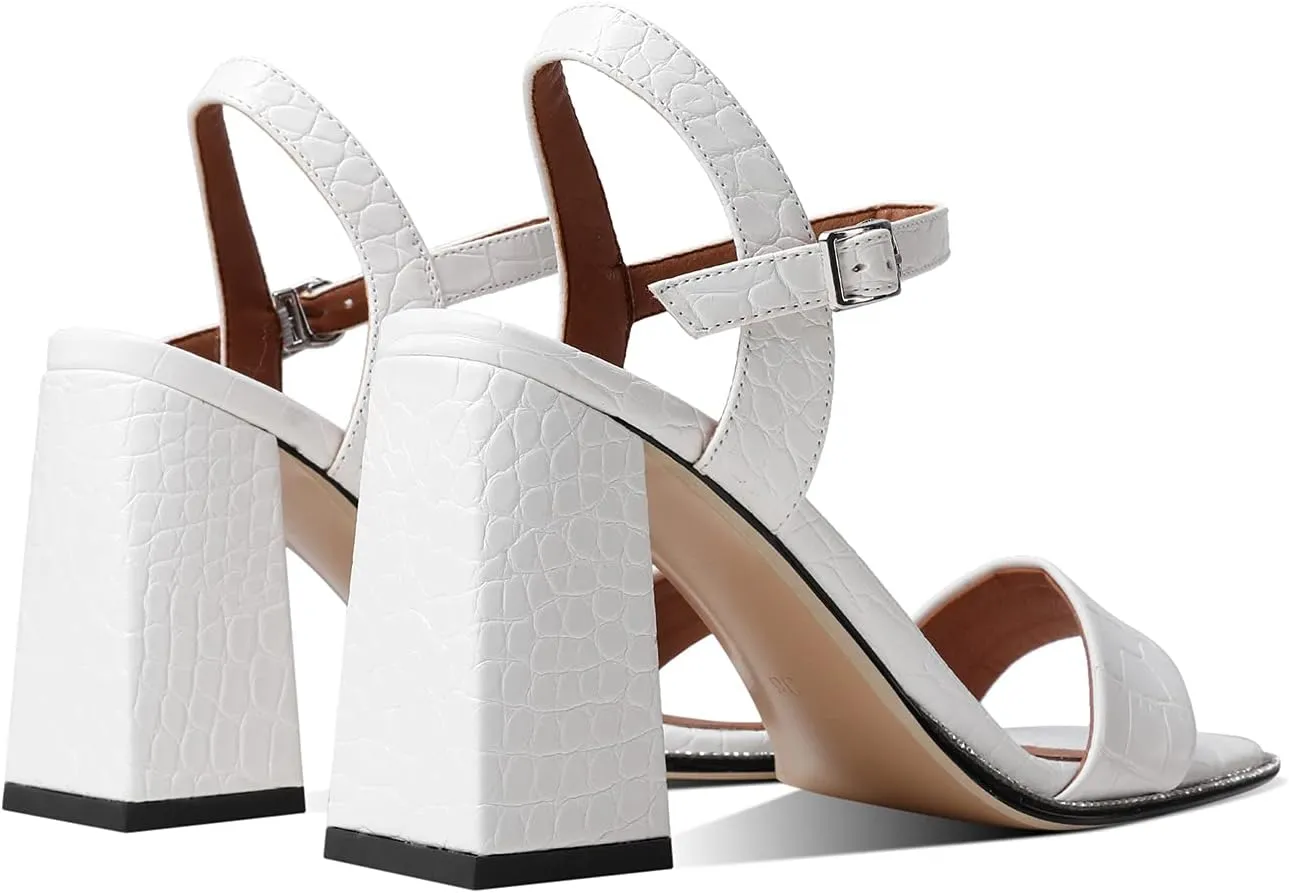 LEHOOR Chunky Heel Rhinestone Sandals Ankle Strap Round Peep Toe 3.5 Inch High Block Heel Crystal Sandals One Single Band Matte Leather Two piece Crocodile Dress Shoes for Summer Wedding Casual Sexy 4-11 M US