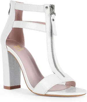 LEHOOR Women Chunky Heel Sandals Zip T-Strap Stone Pattern Pumps Round Open Toe Matte Leather 4 Inch Block Heel Summer Party Wedding Dress Heel Sandals Size 4-10 M US