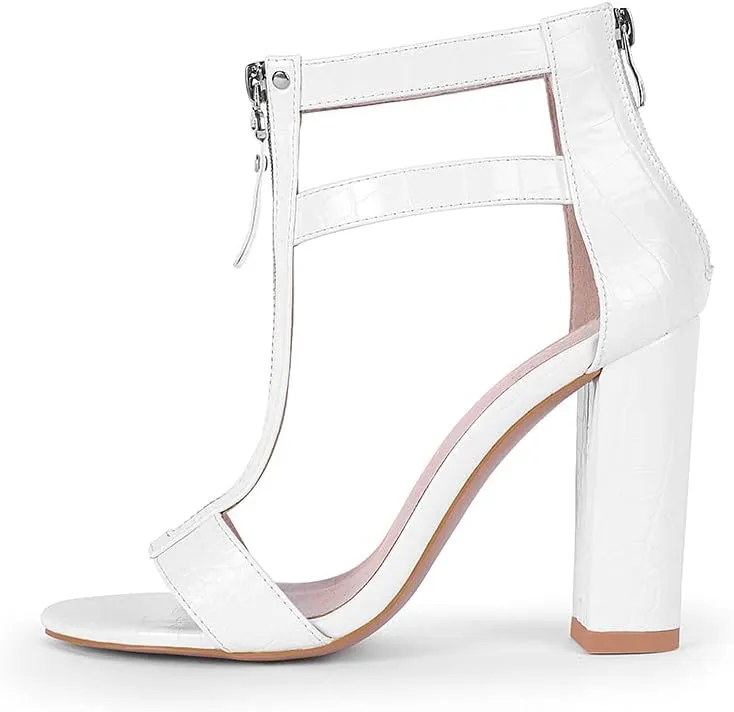 LEHOOR Women Chunky Heel Sandals Zip T-Strap Stone Pattern Pumps Round Open Toe Matte Leather 4 Inch Block Heel Summer Party Wedding Dress Heel Sandals Size 4-10 M US