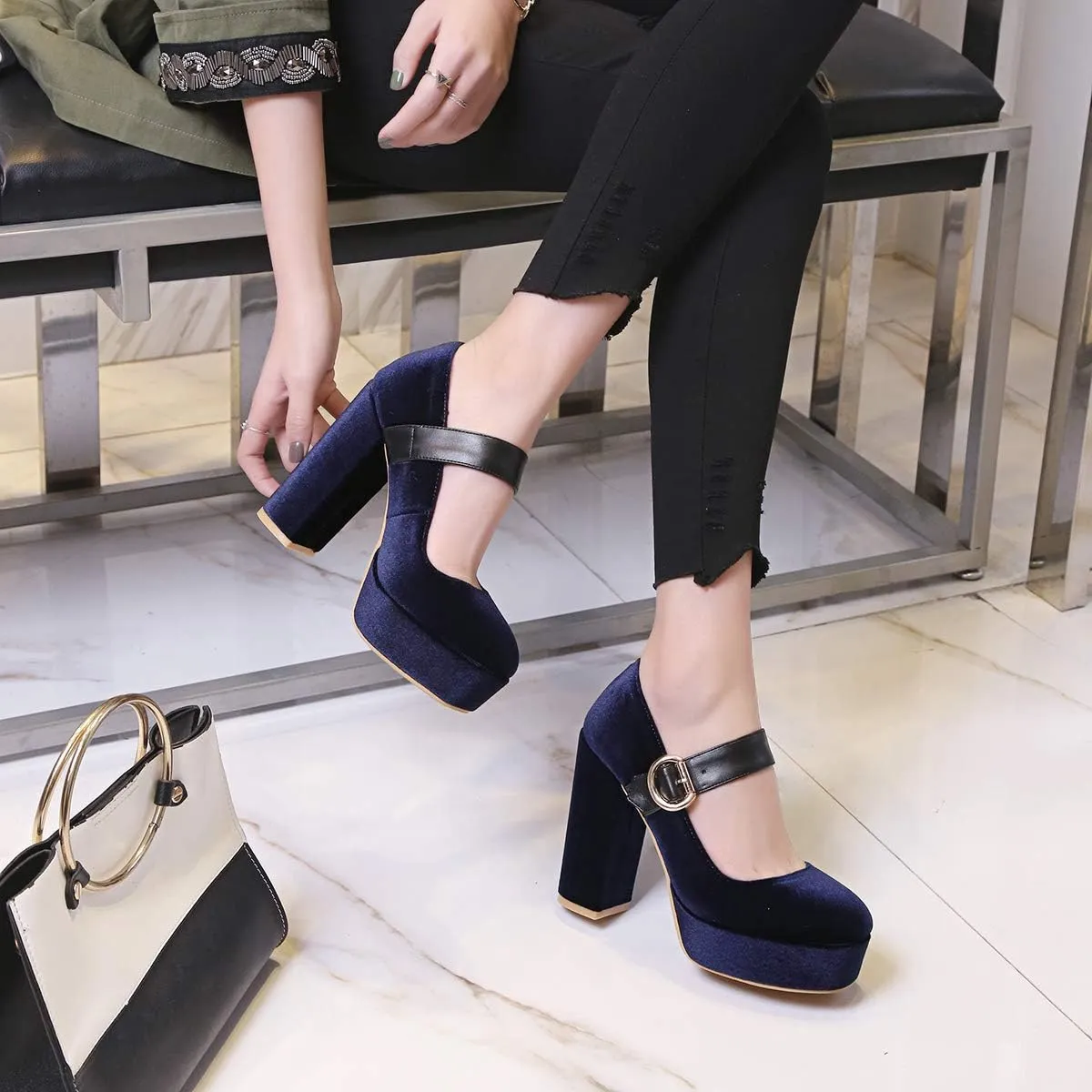 LEHOOR Women Chunky High Heel Round Toe Loafer Pumps Platform Mary Jane Ankle Strap Buckle Ladies Shoes Fashion 4-10 M US