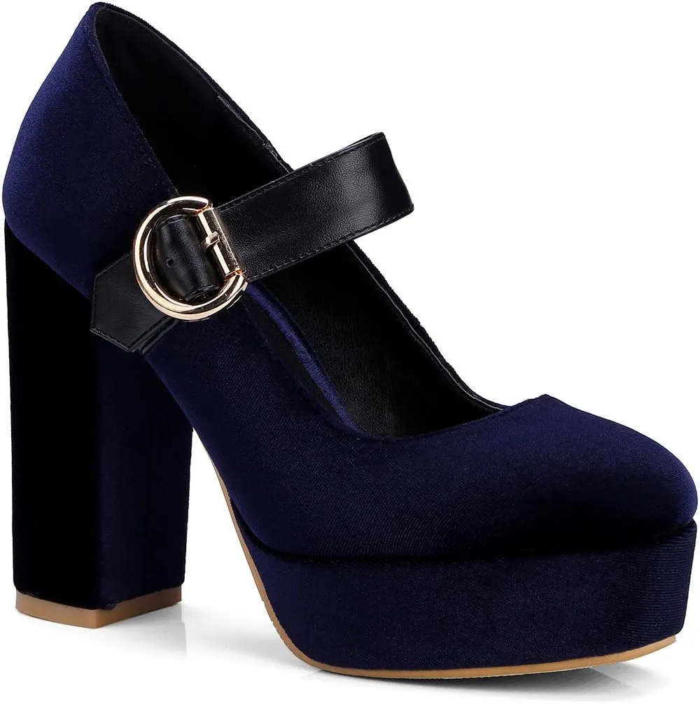 LEHOOR Women Chunky High Heel Round Toe Loafer Pumps Platform Mary Jane Ankle Strap Buckle Ladies Shoes Fashion 4-10 M US