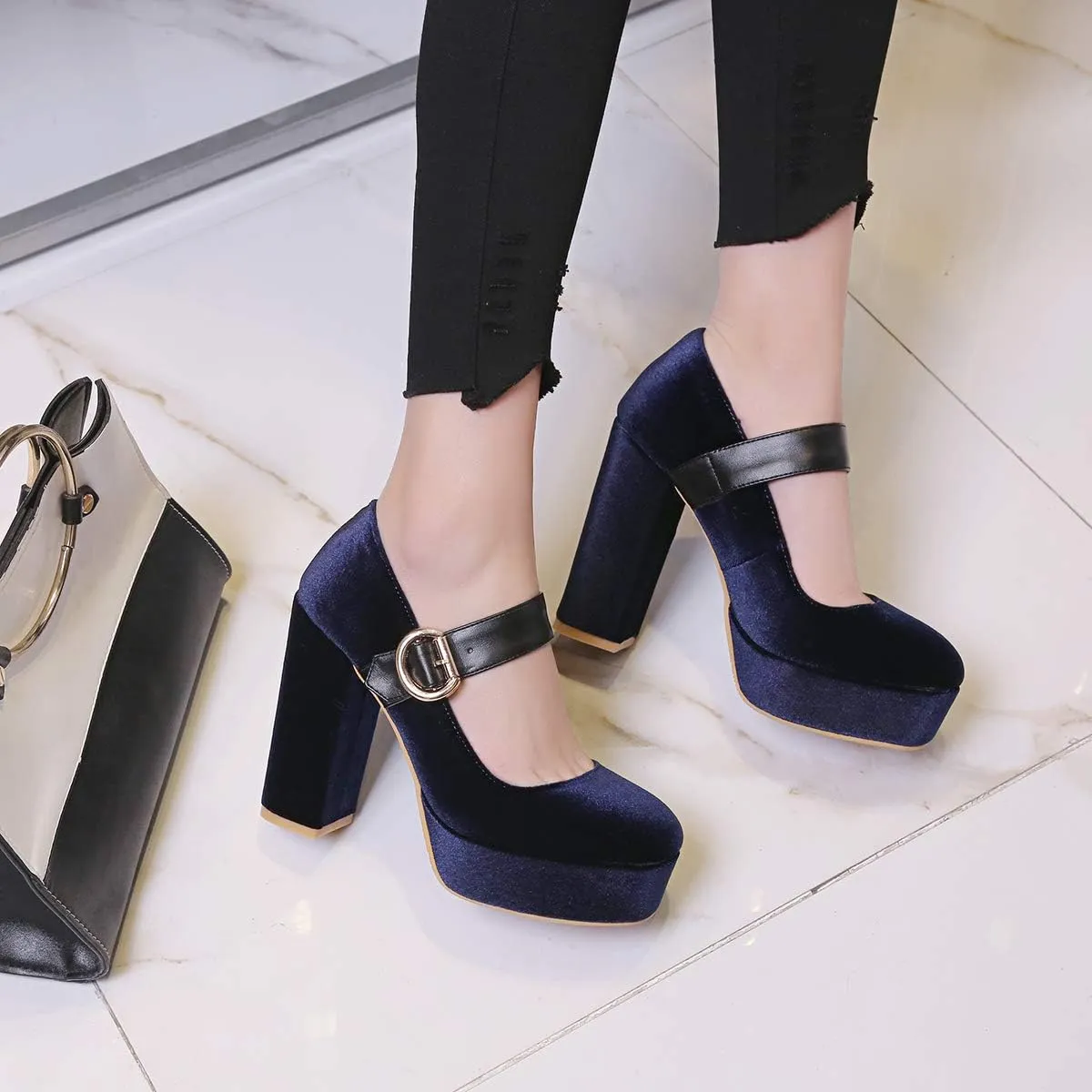 LEHOOR Women Chunky High Heel Round Toe Loafer Pumps Platform Mary Jane Ankle Strap Buckle Ladies Shoes Fashion 4-10 M US