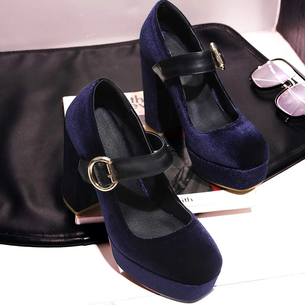 LEHOOR Women Chunky High Heel Round Toe Loafer Pumps Platform Mary Jane Ankle Strap Buckle Ladies Shoes Fashion 4-10 M US