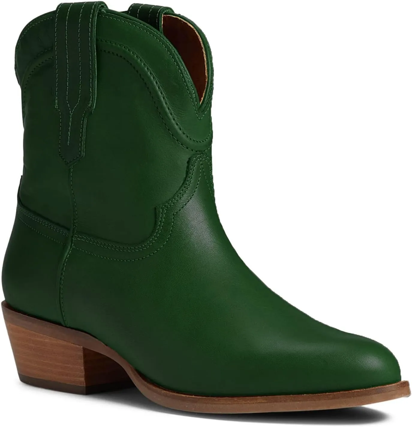 LEHOOR Women Cowboy Western Ankle Boots Pointed toe Low Stacked Heel Cowgirl Booties V Cut Retro Slouch 2 Inch Chunky Block Heel Slip On Short Dress Boots Wide Calf Casual Winter 4-11 M US