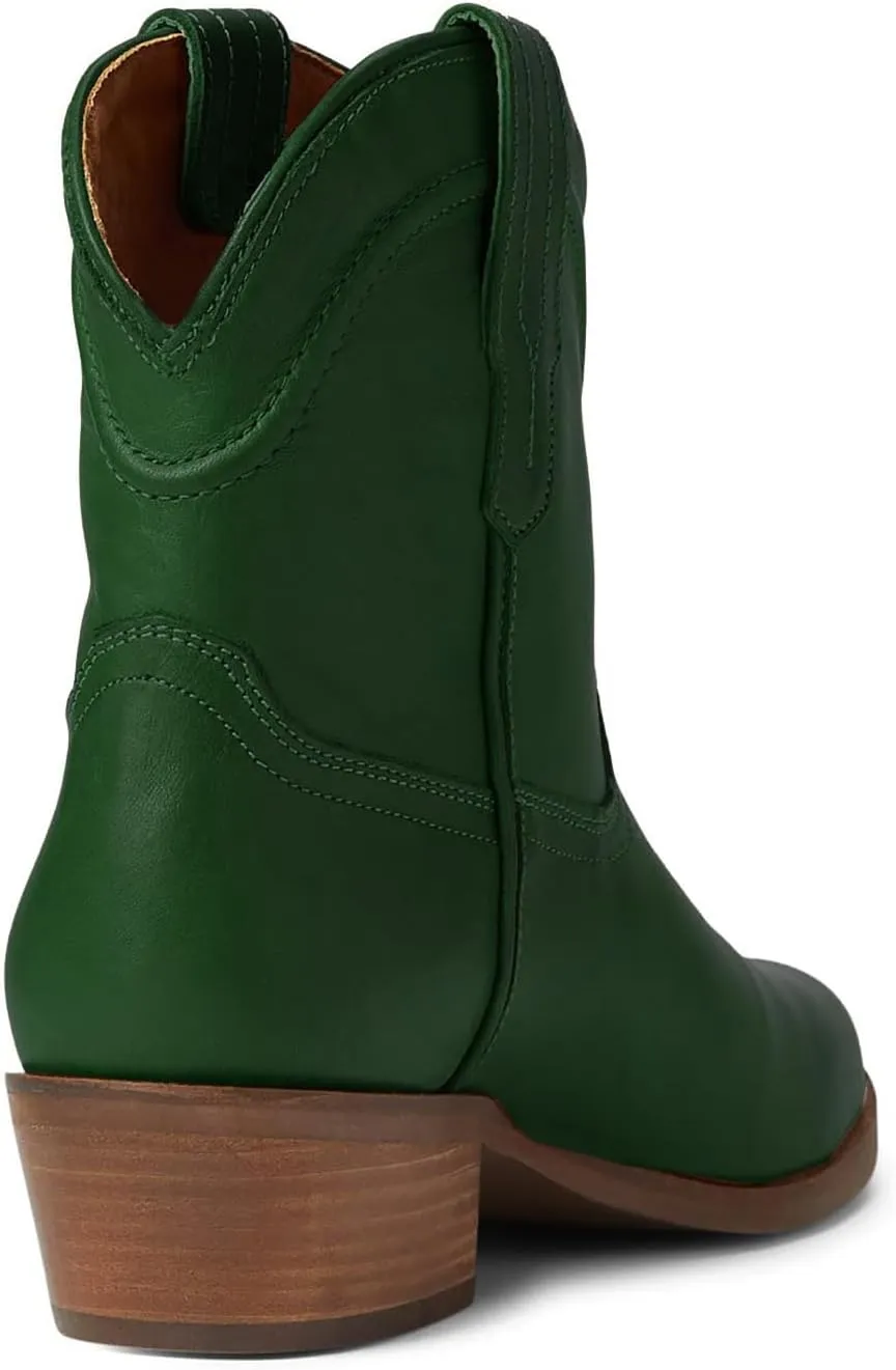 LEHOOR Women Cowboy Western Ankle Boots Pointed toe Low Stacked Heel Cowgirl Booties V Cut Retro Slouch 2 Inch Chunky Block Heel Slip On Short Dress Boots Wide Calf Casual Winter 4-11 M US