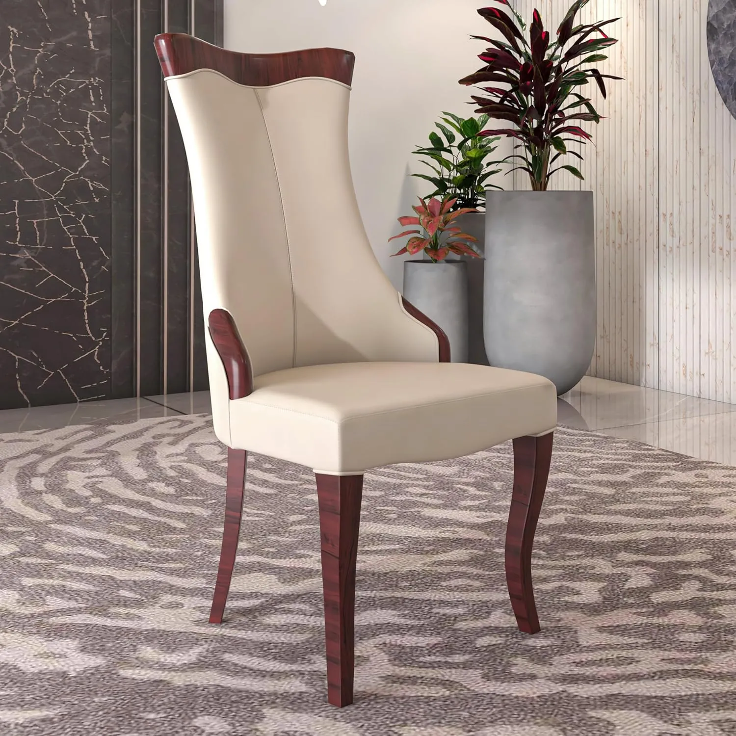LeisureMod Modern Dining Chair Upholstered in Leather or Velvet Cozy Accent Kitchen with Rubberwood Legs Novara Series in Light Toupe