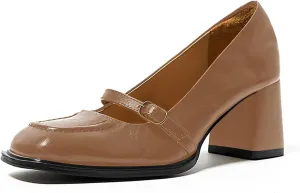 LEMUTISME Women's Vintage Matte Leather Closed Toe Instep Strap Chunky High Heel Mary Jane Pumps Shoes