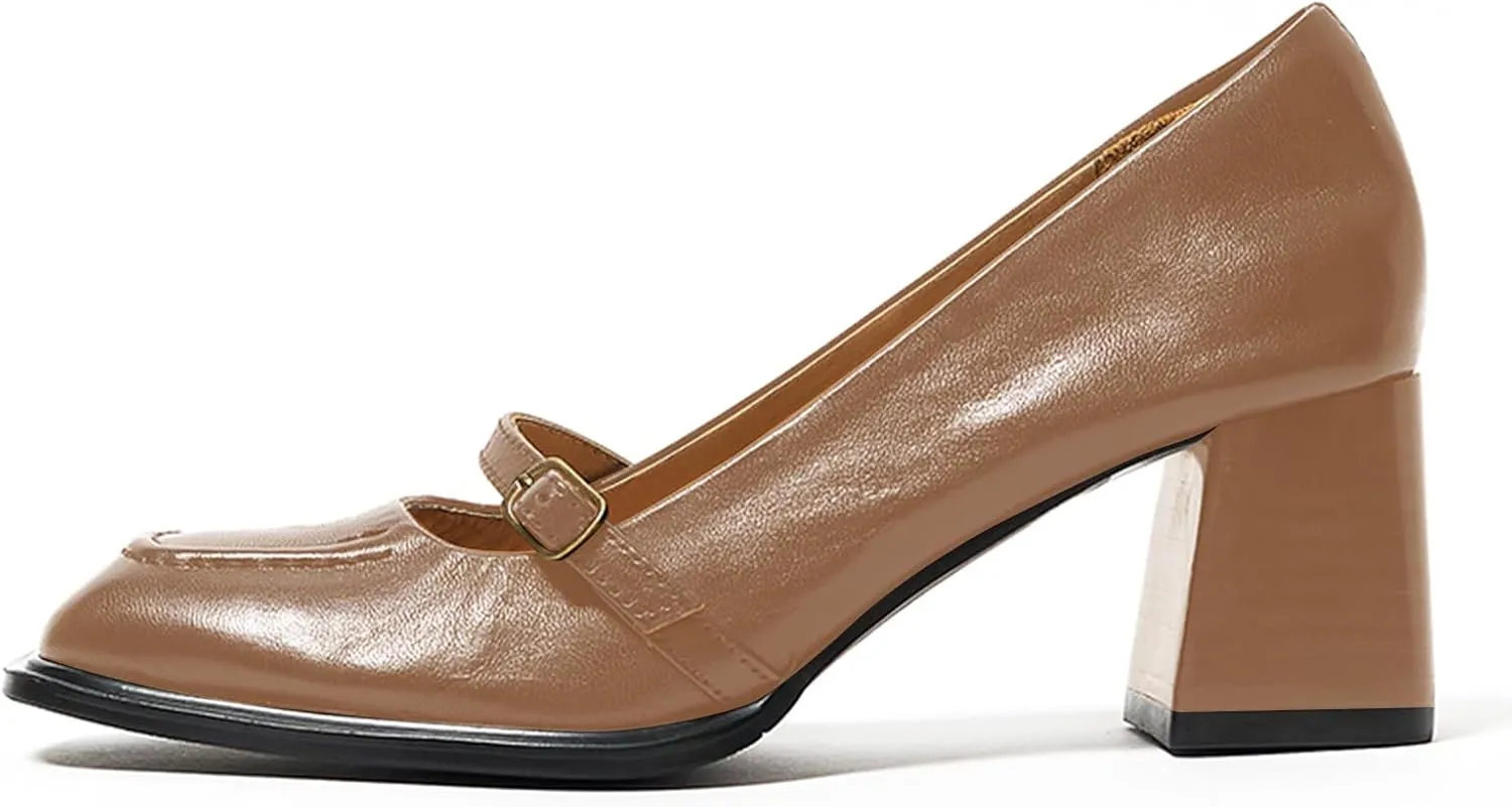 LEMUTISME Women's Vintage Matte Leather Closed Toe Instep Strap Chunky High Heel Mary Jane Pumps Shoes