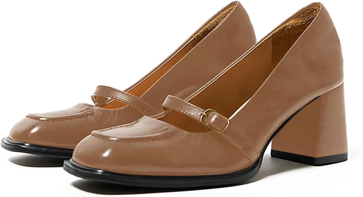 LEMUTISME Women's Vintage Matte Leather Closed Toe Instep Strap Chunky High Heel Mary Jane Pumps Shoes