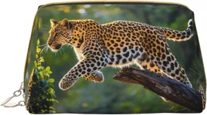 Leopard's Leap Print Cute Small Makeup Bag, Leather Cosmetic Bags for Purse Women Gifts Make Up Organizer Travelling