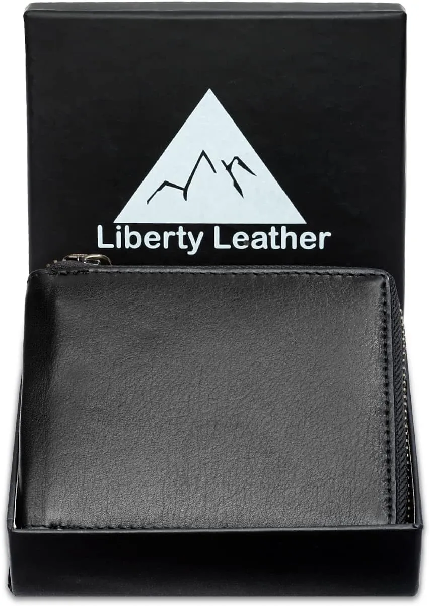 Liberty Leather - Black Bi-Fold Round Zipper Wallet with RFID Blocking Technology | Slim and Sleek Cow Hide Leather Multi Slot Wallet for Men and Boys