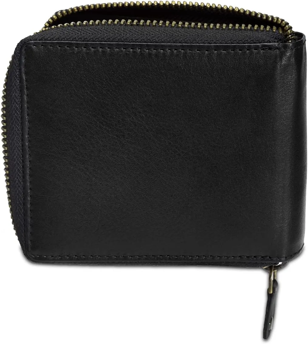 Liberty Leather - Black Bi-Fold Round Zipper Wallet with RFID Blocking Technology | Slim and Sleek Cow Hide Leather Multi Slot Wallet for Men and Boys