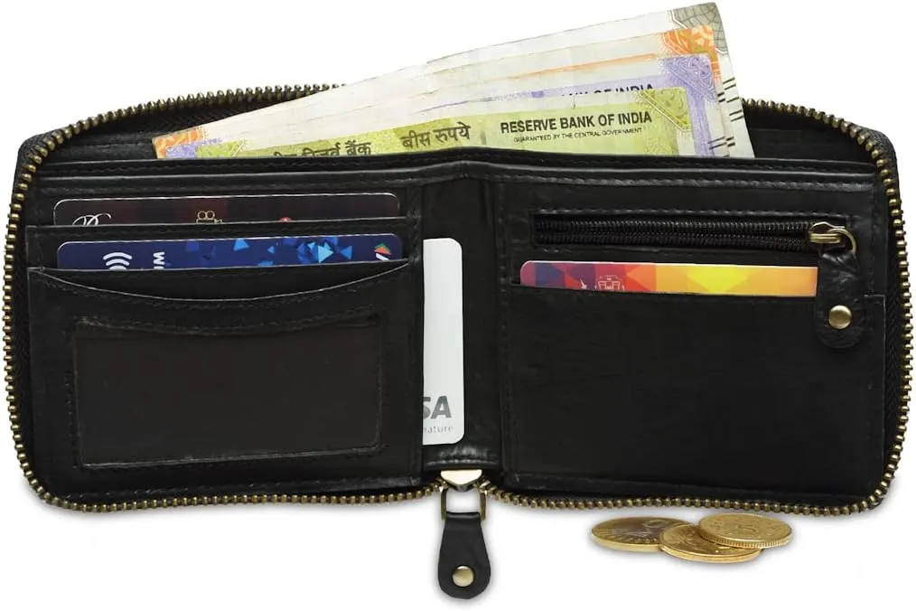 Liberty Leather - Black Bi-Fold Round Zipper Wallet with RFID Blocking Technology | Slim and Sleek Cow Hide Leather Multi Slot Wallet for Men and Boys