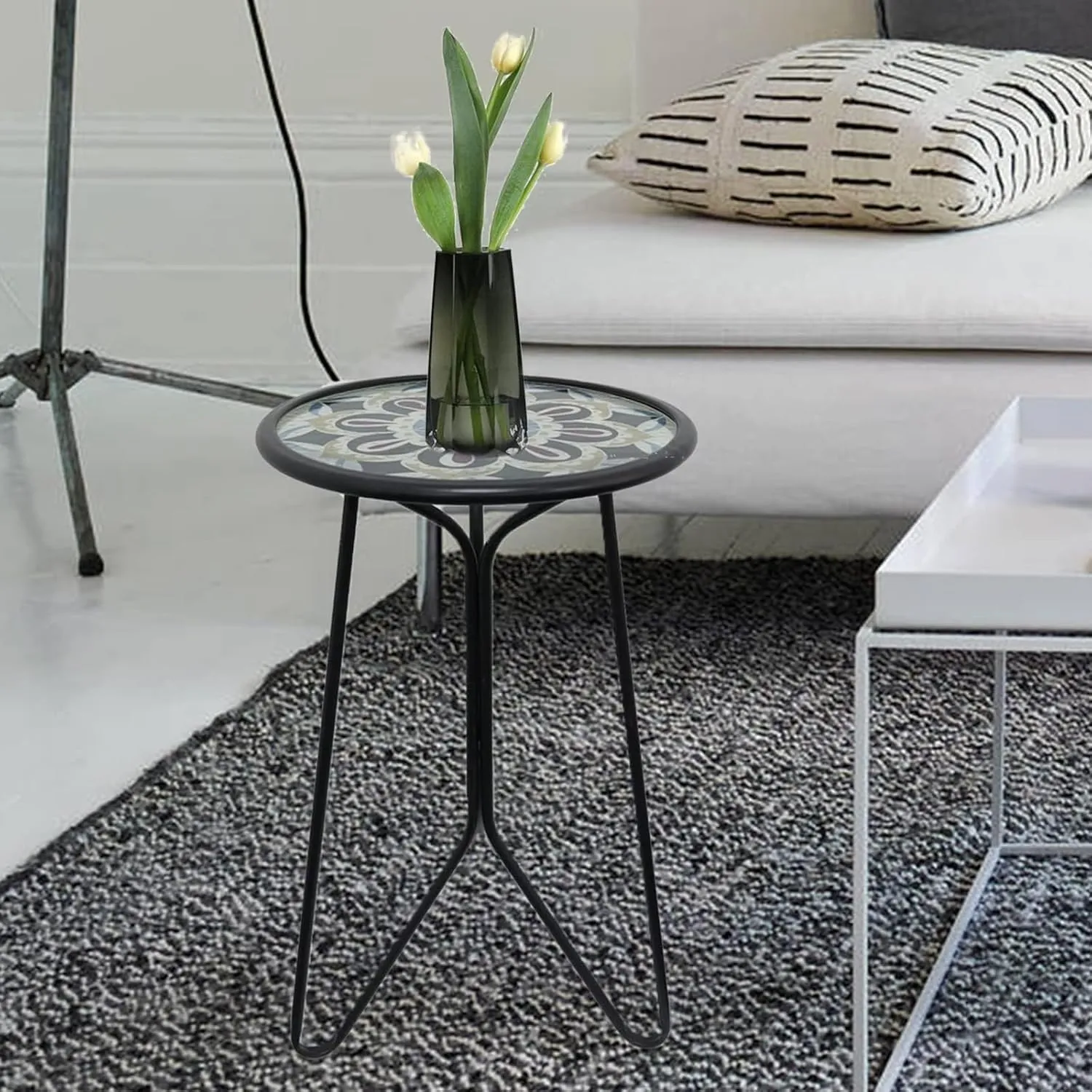 LIFFY Outdoor Side Table,12" Indoor Outdoor Round Glass Tabletop Accent Table with Metal Frame, Decorative Plant Stand & End Table for Patio, Garden, Yard, Kitchen, Porch