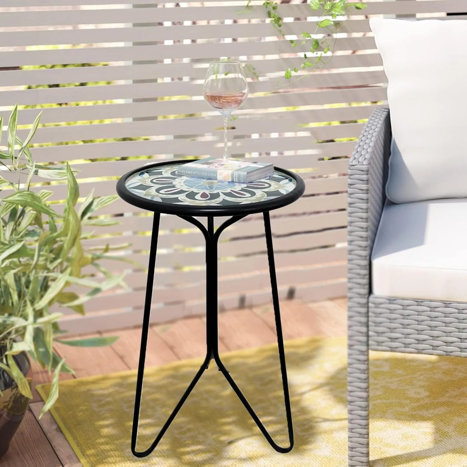 LIFFY Outdoor Side Table,12" Indoor Outdoor Round Glass Tabletop Accent Table with Metal Frame, Decorative Plant Stand & End Table for Patio, Garden, Yard, Kitchen, Porch